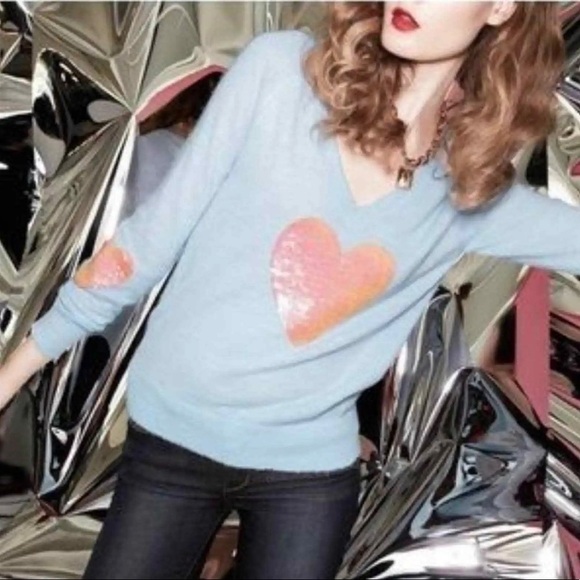 WILDFOX White Label Rabbit Hair Heart Sweater Sequin V Neck Pullover Lightweigt - Picture 3 of 7